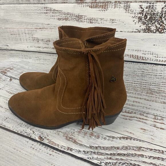 Sam Edelman Brown Whiskey Suede Heeled Fringe Ankle Bootie 4 Girls Leather - Picture 2 of 4